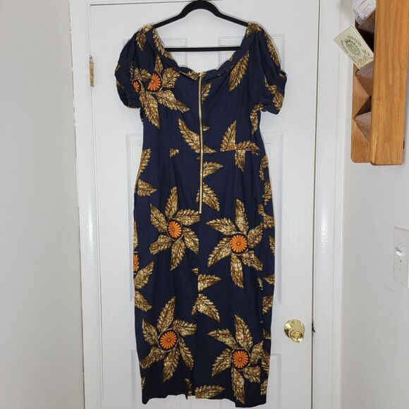 Mae Otti NWOT IDIA African Print Off Shoulder Midi Dress Navy Blue Sz XL No Belt - Picture 3 of 16